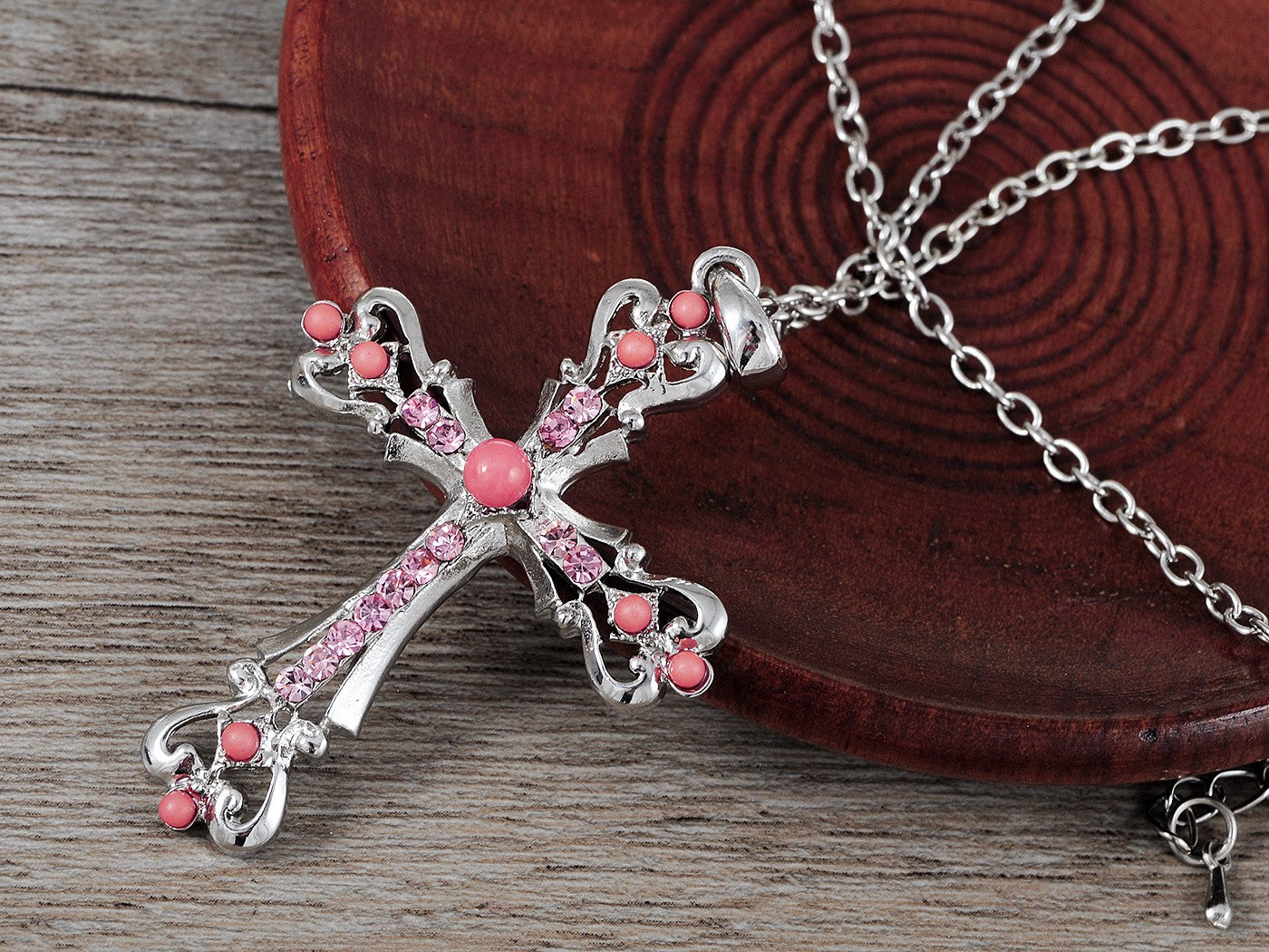 Ornate Cross Pendant Necklace White Black Blue Green Pink