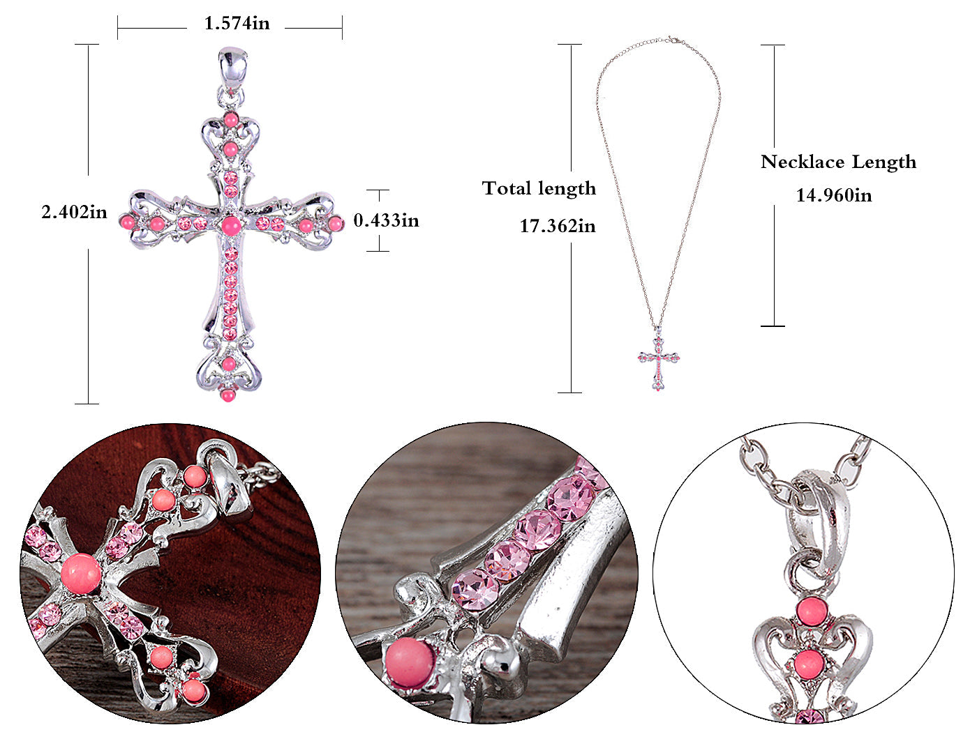 Ornate Cross Pendant Necklace White Black Blue Green Pink