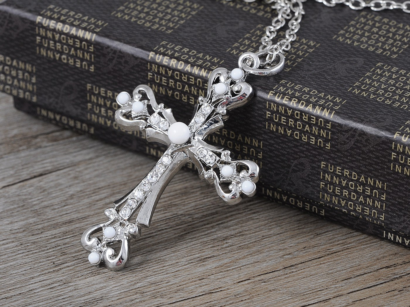 Ornate Cross Pendant Necklace White Black Blue Green Pink