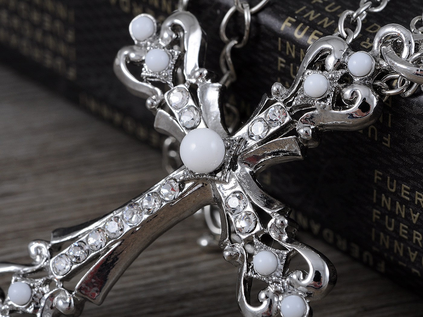 Ornate Cross Pendant Necklace White Black Blue Green Pink