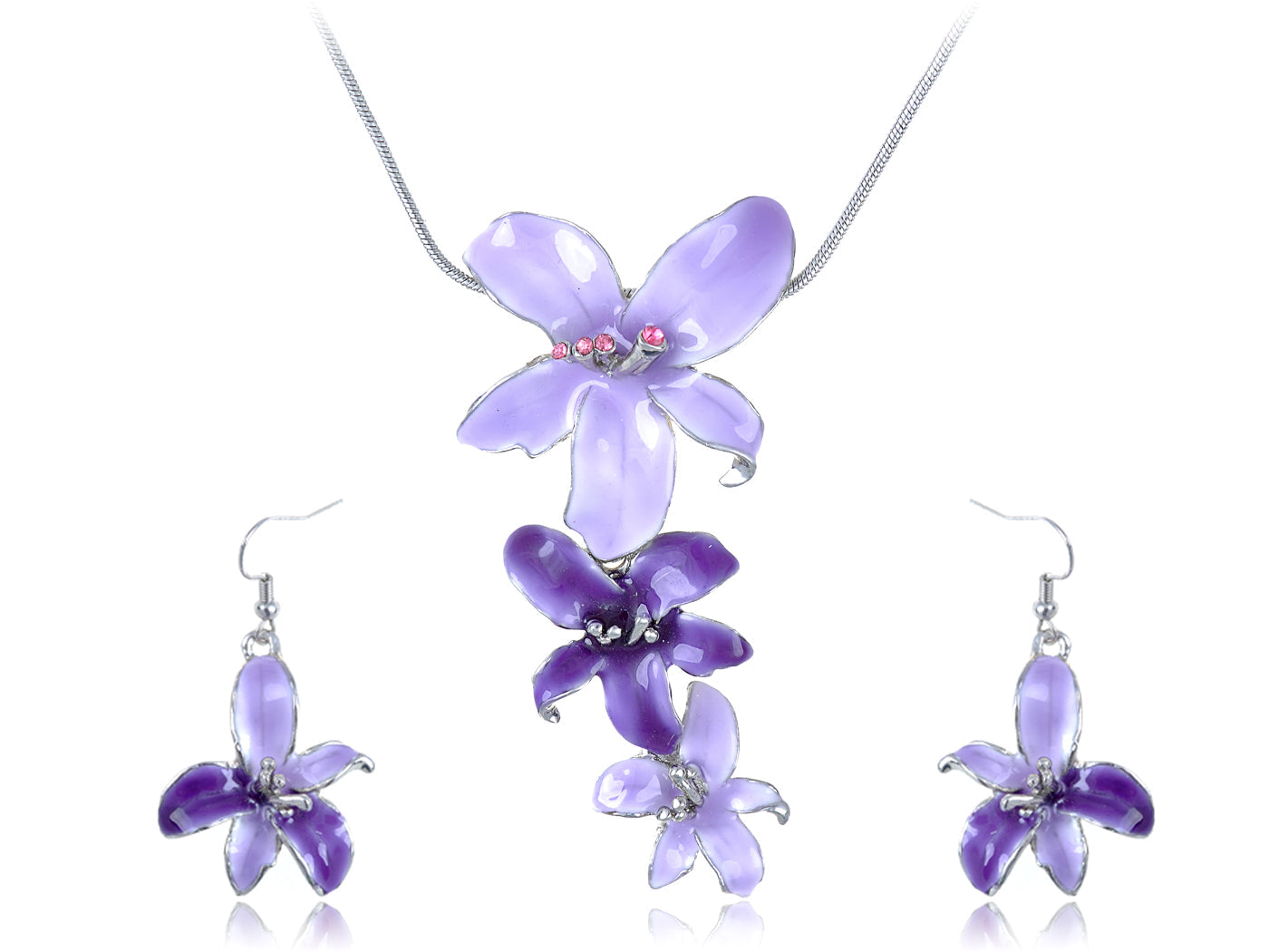 Pink Purple Hawaiian Flower Necklace Earrings Set