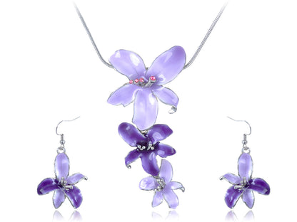 Pink Purple Hawaiian Flower Necklace Earrings Set