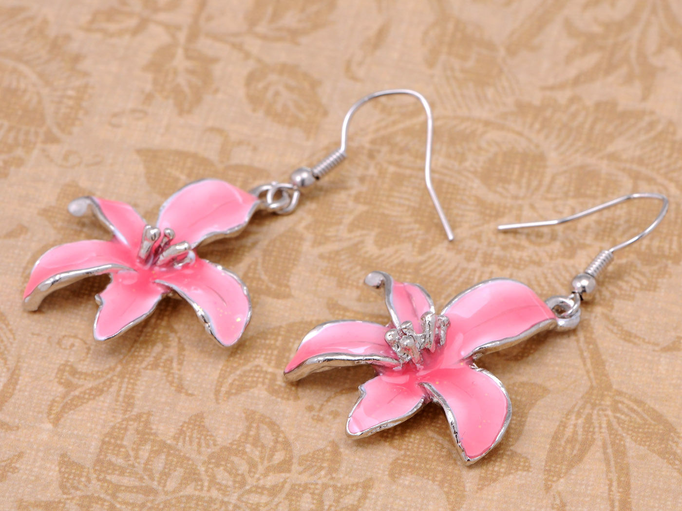 Pink Hawaiian Tropical Floral Pendant Necklace Dangle Earrings Set