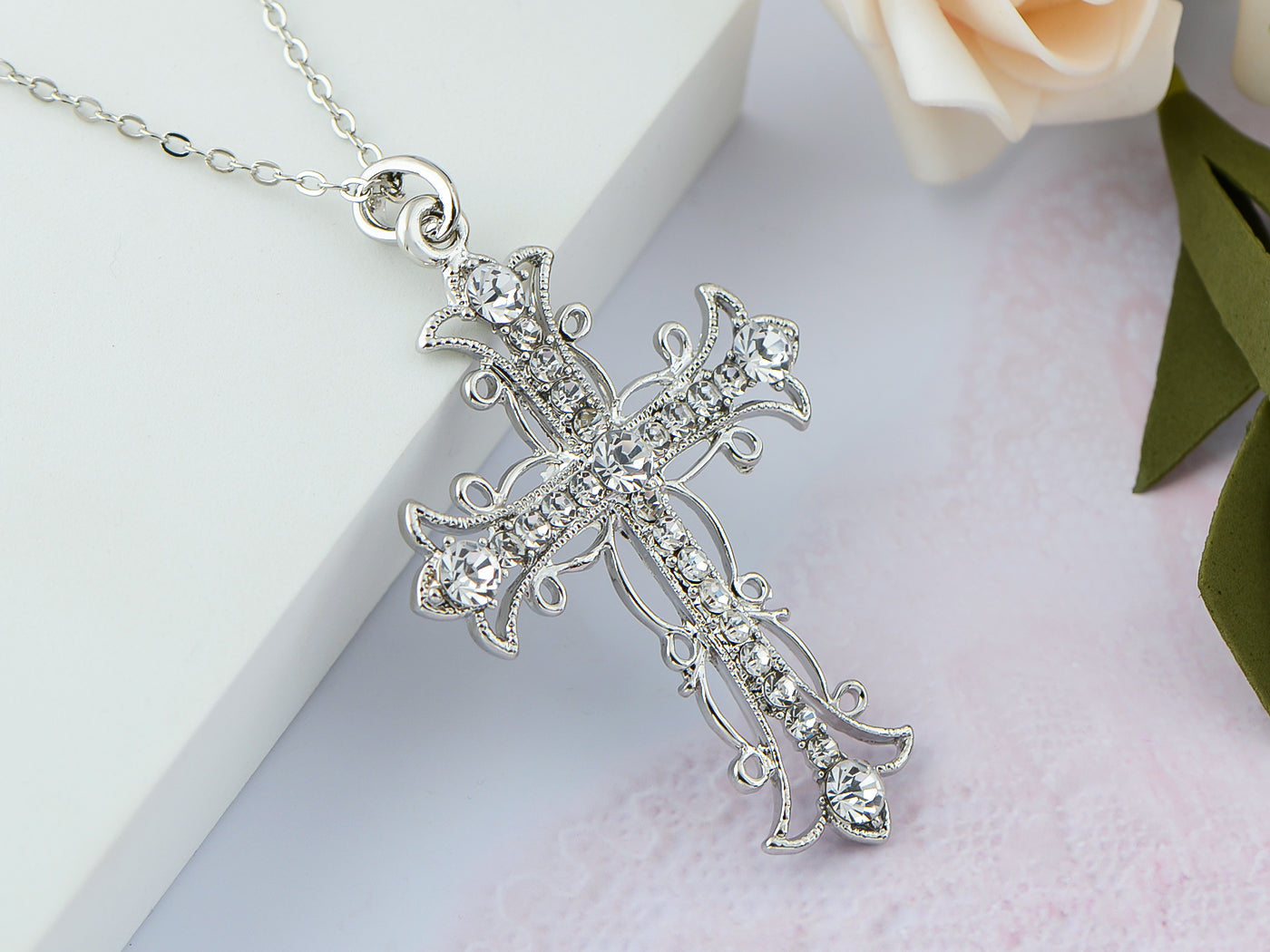 Black & Slive Gold Plated Flower Cross Cubic Zirconia Pendant Necklace