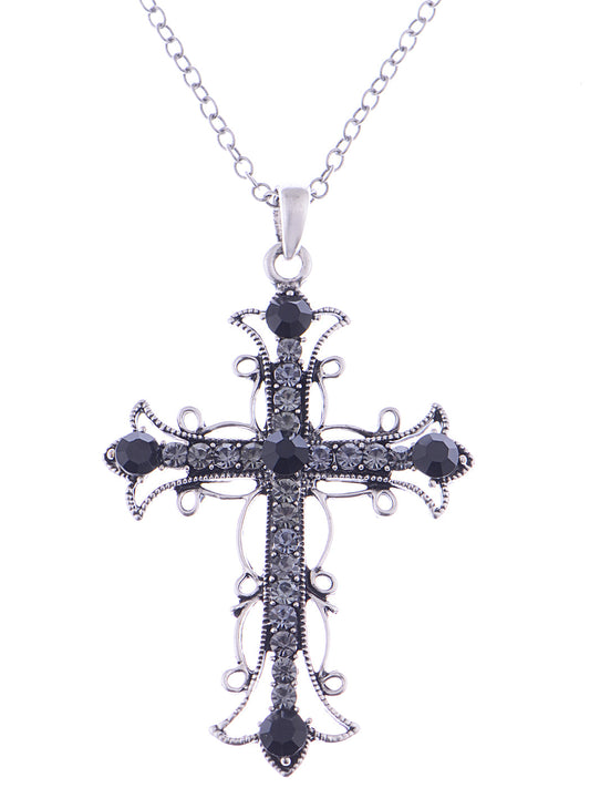 Black & Slive Gold Plated Flower Cross Cubic Zirconia Pendant Necklace