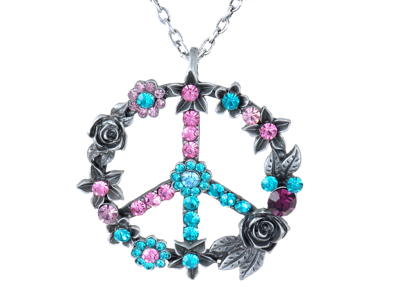 Silver Retro Pink Blue Flower Hippie Peace Symbol Pendant Necklace