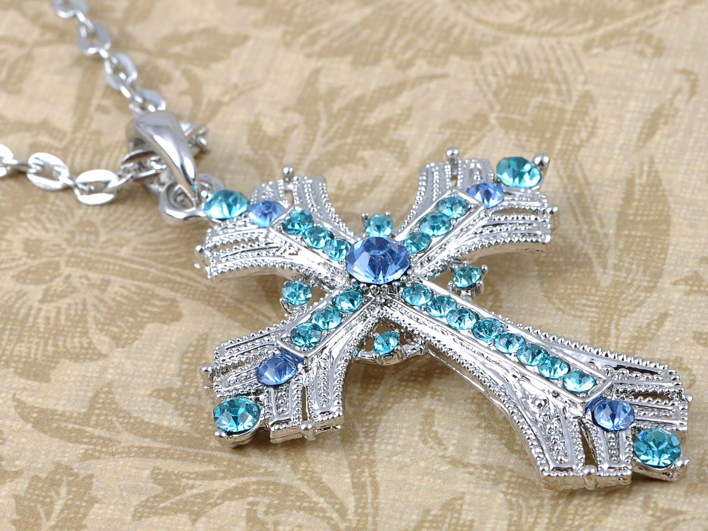 Religious Cross Pendant Necklace Aquamarine