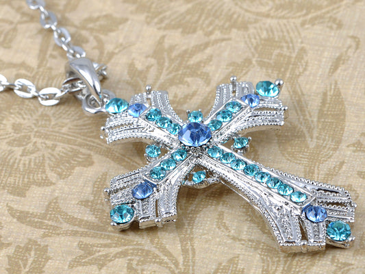 Religious Cross Pendant Necklace Aquamarine