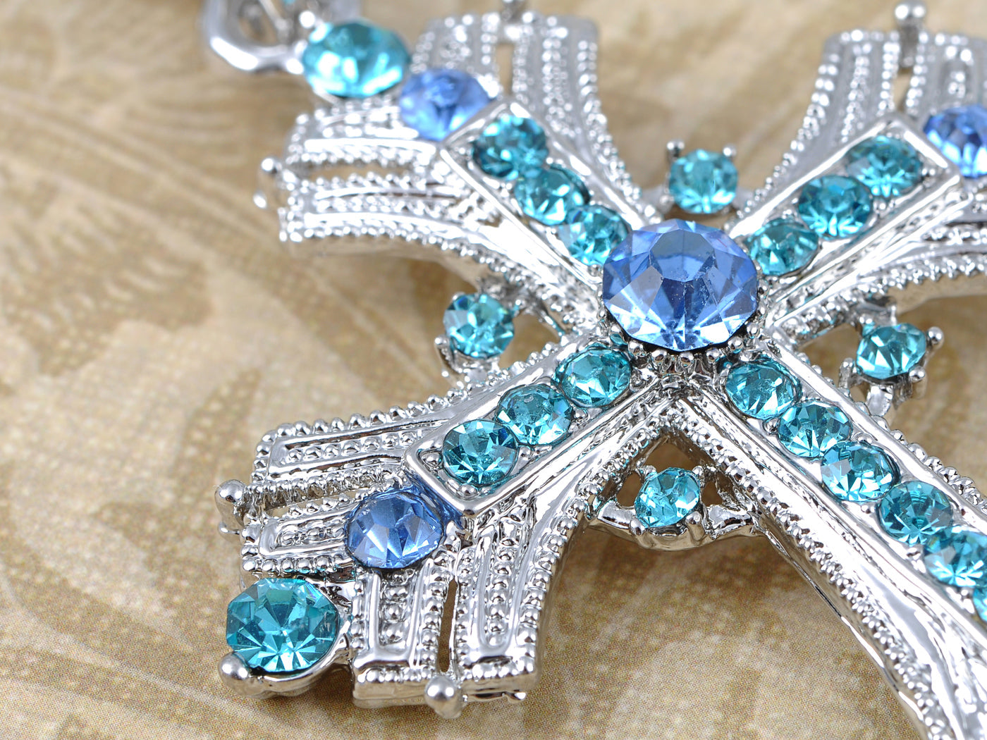 Religious Cross Pendant Necklace Aquamarine