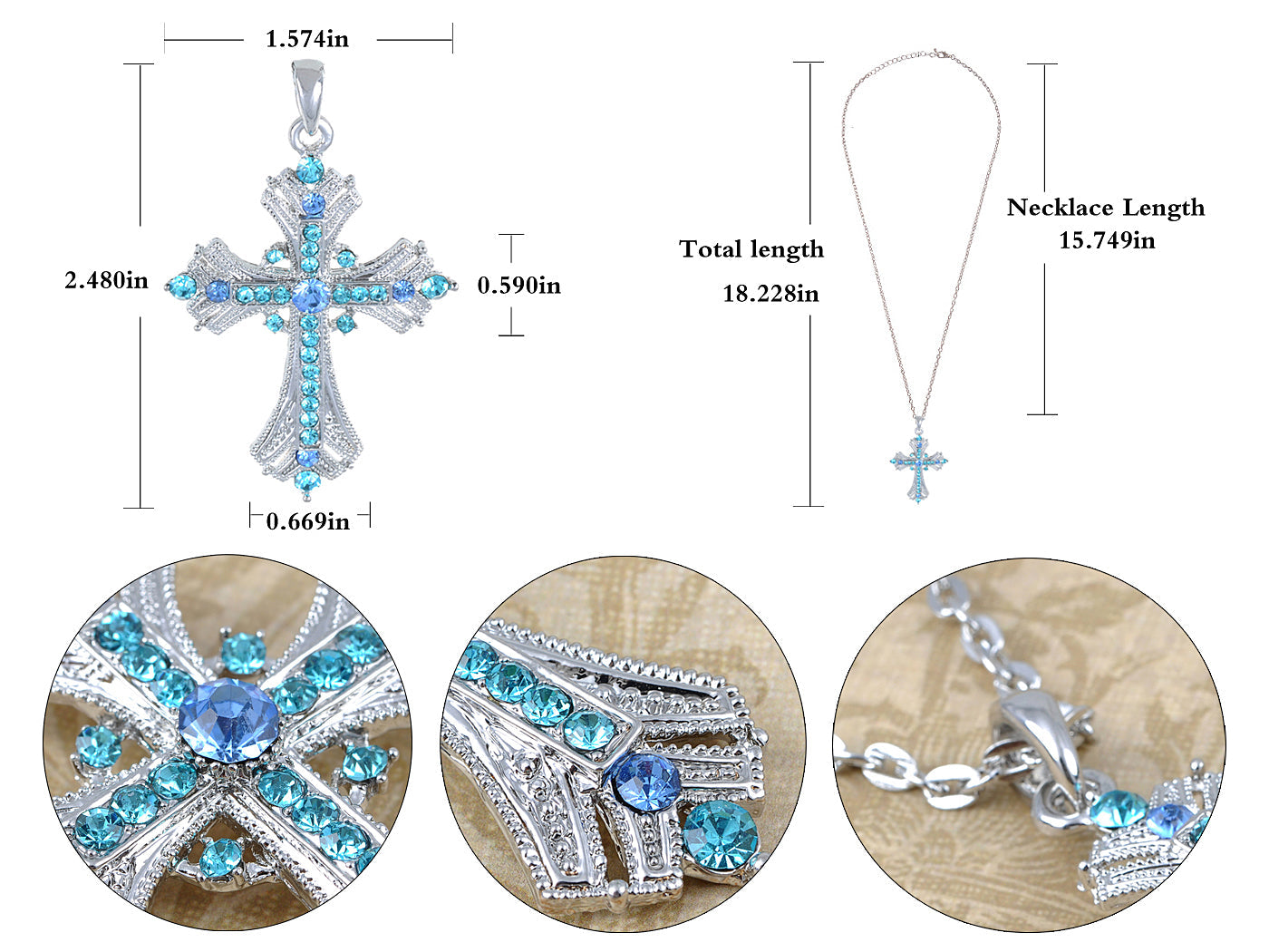 Religious Cross Pendant Necklace Aquamarine
