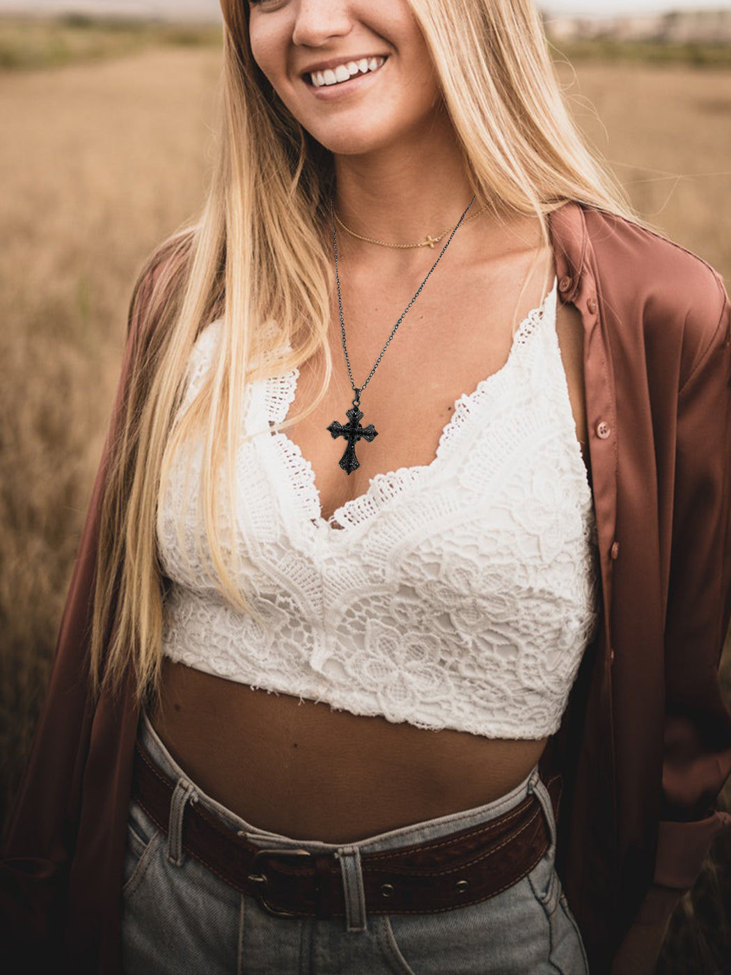 Religious Cross Pendant Necklace Aquamarine