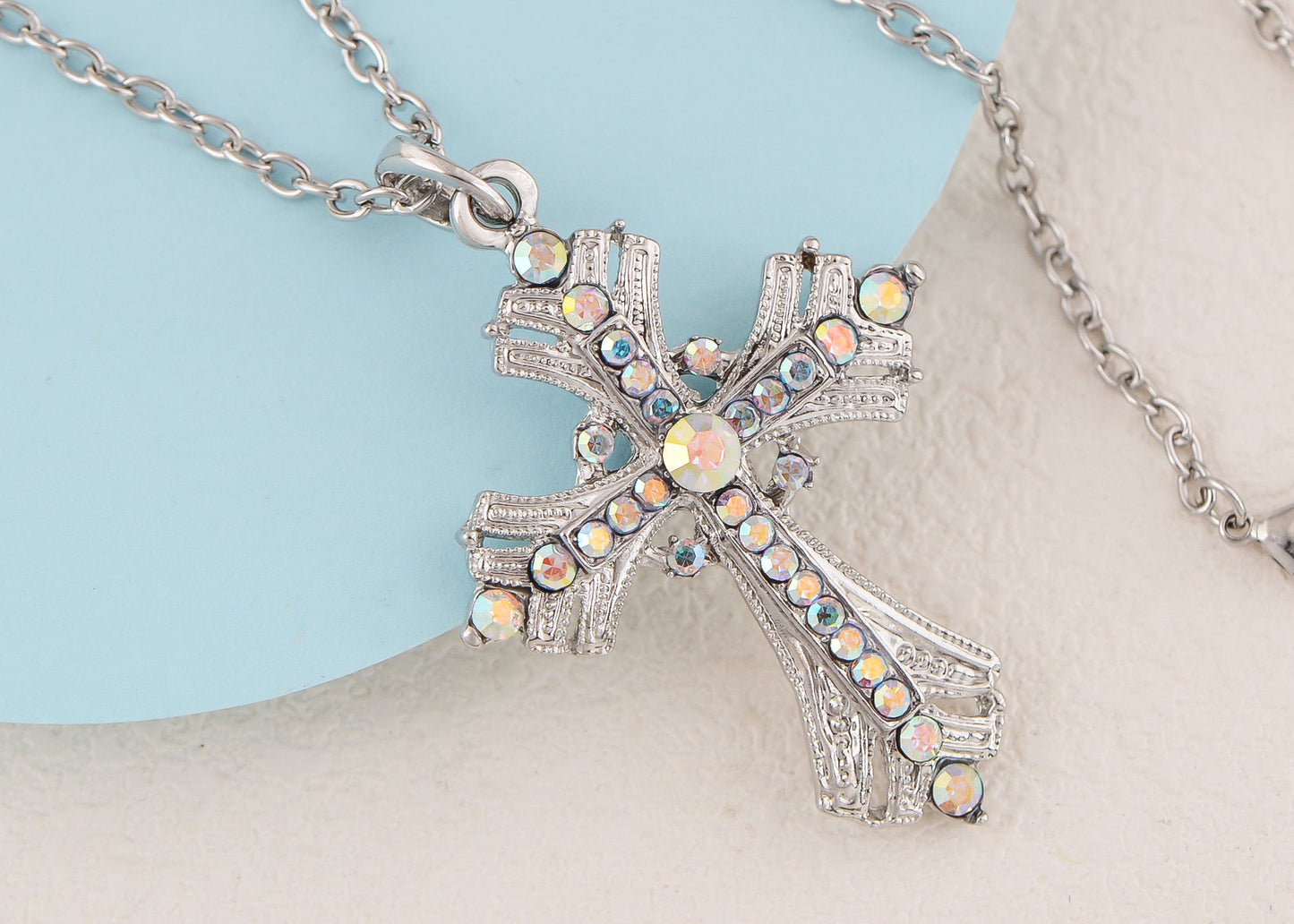 Religious Cross Pendant Necklace Aquamarine