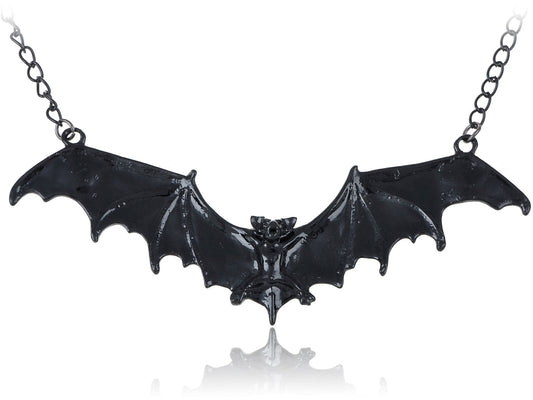 Frightening Halloween Black Enamel Paint Flying Bat Chain Necklace Pendant