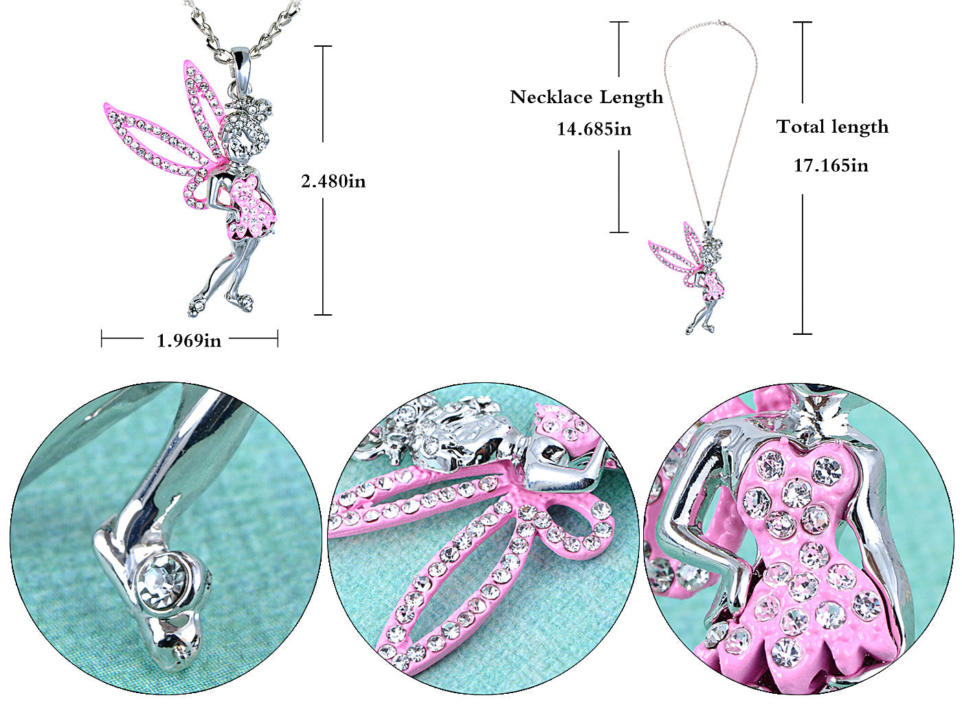 Silver Pink Enamel Pixie Fairy Angel Pendant Necklace