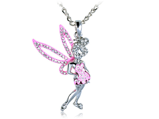 Silver Pink Enamel Pixie Fairy Angel Pendant Necklace