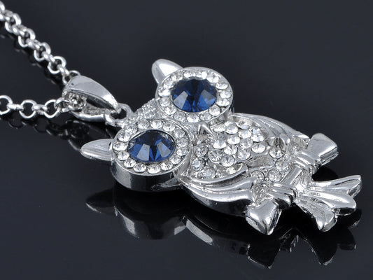 Big Blue Eyes Leaf Owl Bird Pendant Necklace