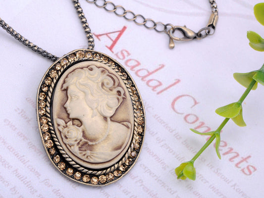 Antique Light Brown Vintage Cameo Woman Pendant Necklace