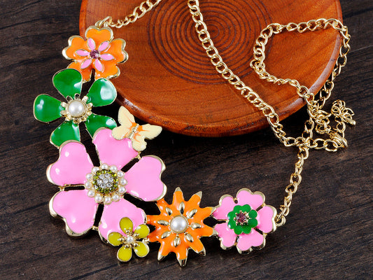 Pearl Floral Pink Multicolor Enamel Flower Bib Statement Necklace