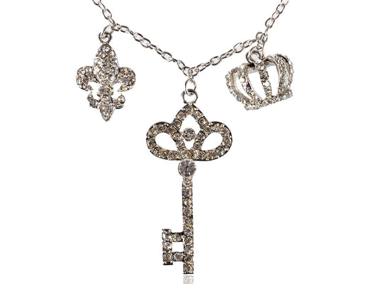 Ice Key Crown Chain Links Fleur De Lis Combination Charm Necklace Pendant