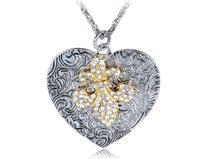 Intricate Pattern Jewel Iced Out Fleur De Lis Heart Shape Fancy Pendant Necklace