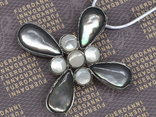 Cat Eye Flower Cut Out Petals Milky Center Cross Pendant Necklace