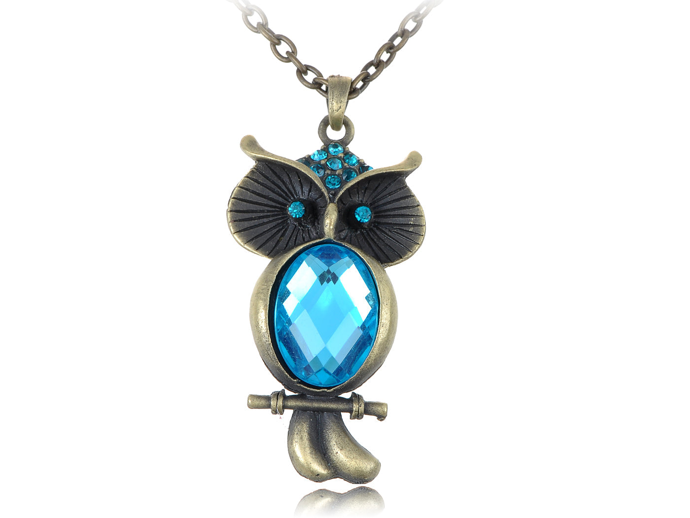 Blue Zircon Owl Perched Tree Branch Pendant Necklace