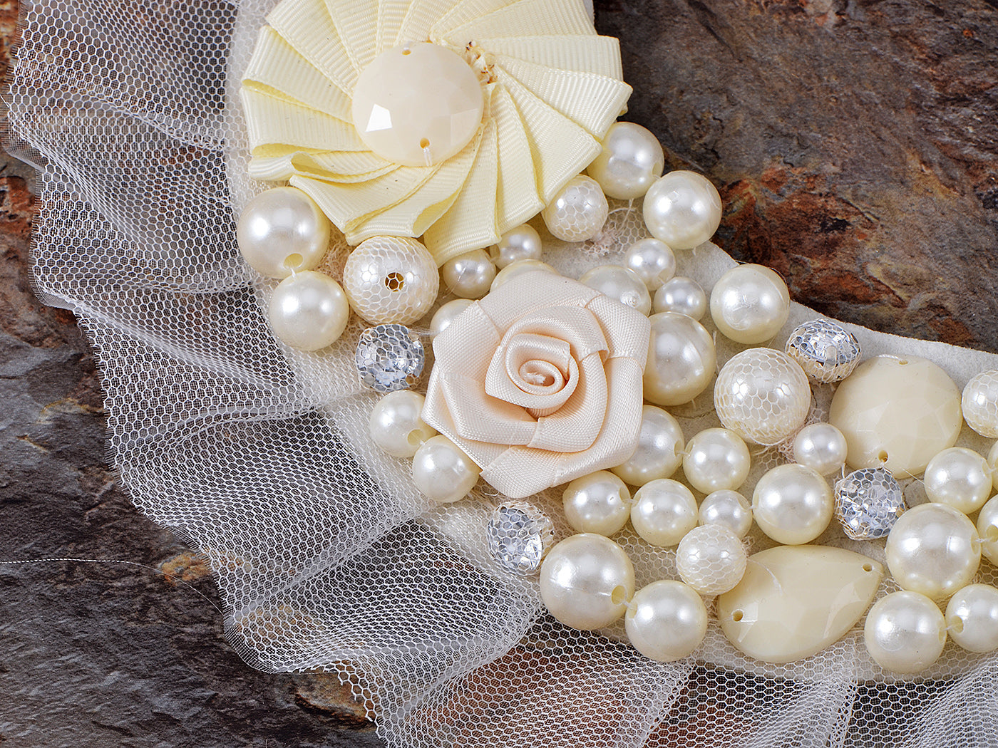 Ivory White Lolita Bridal Floral Pearl Beaded Fabric Ribbon Bib Necklace