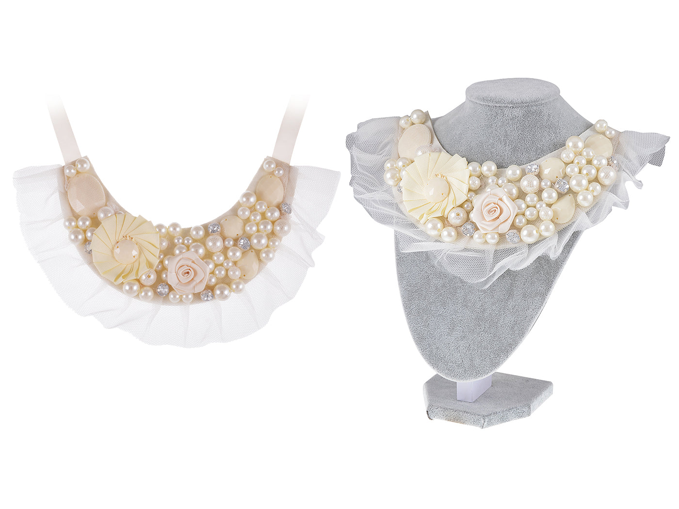 Ivory White Lolita Bridal Floral Pearl Beaded Fabric Ribbon Bib Necklace