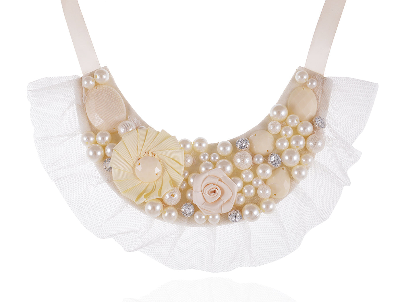 Ivory White Lolita Bridal Floral Pearl Beaded Fabric Ribbon Bib Necklace
