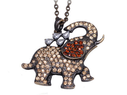 Antique Cartoon Topaz Color Elephant Washing Back Animal Pendant Necklace