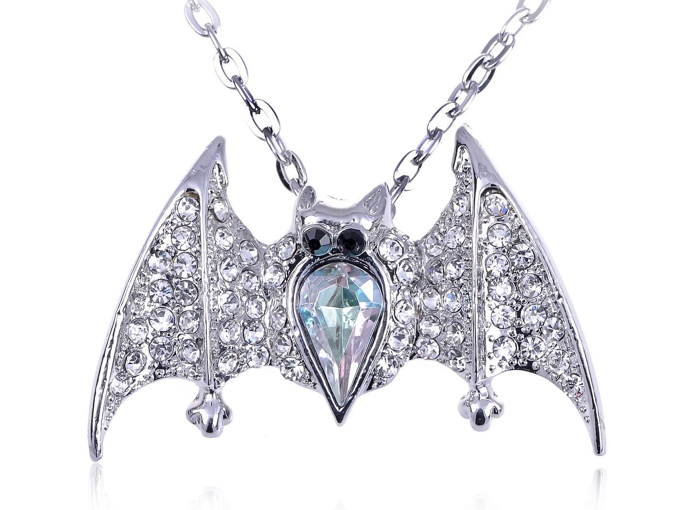 Silver Gothic Halloween Aurora Borealis Vampire Bat Animal Pendant Necklace