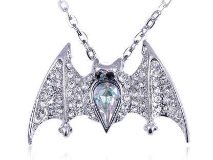 Silver Gothic Halloween Aurora Borealis Vampire Bat Animal Pendant Necklace