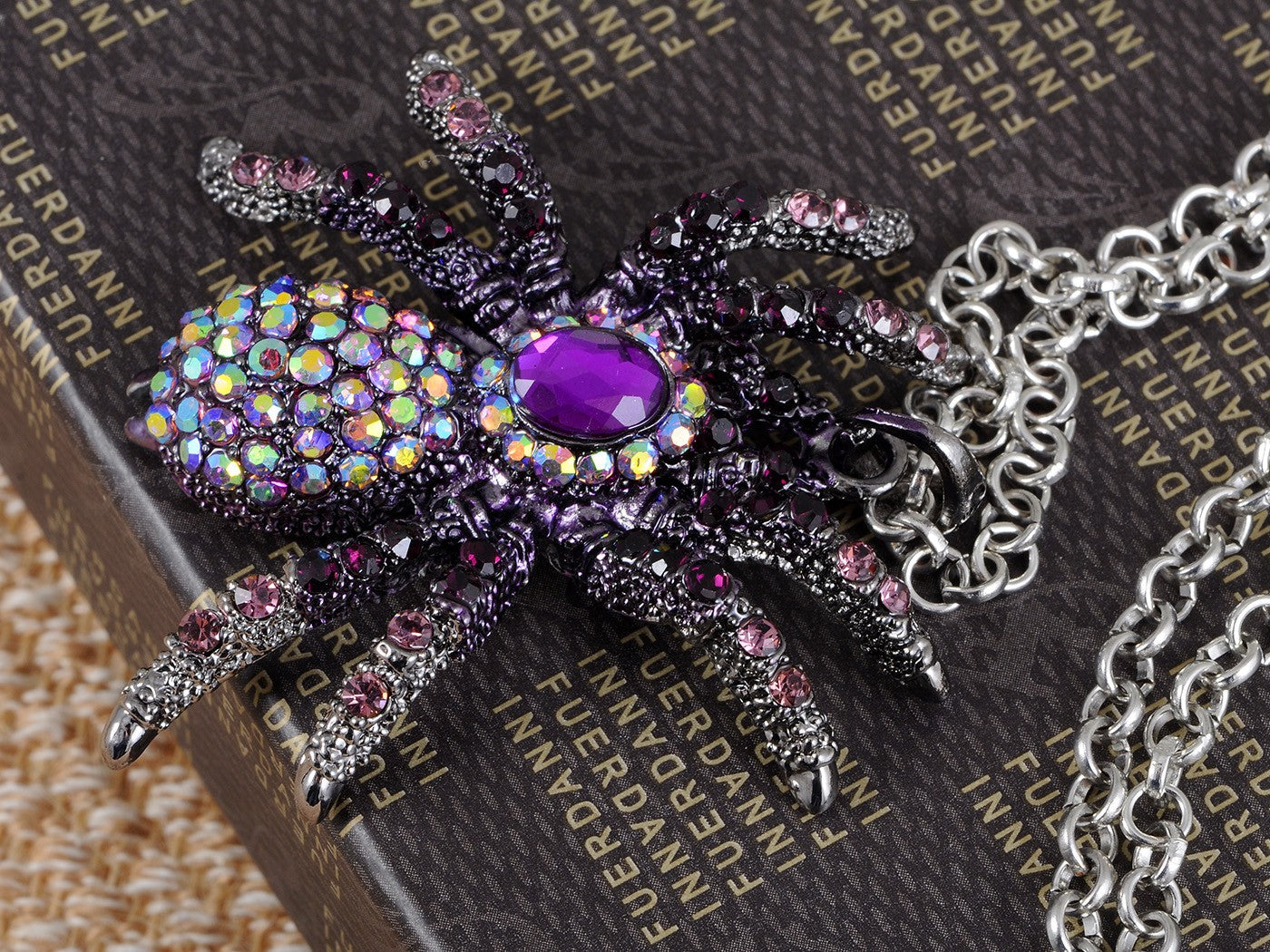 Hematite Czech Spider Pendant Necklace Black Purple Gun