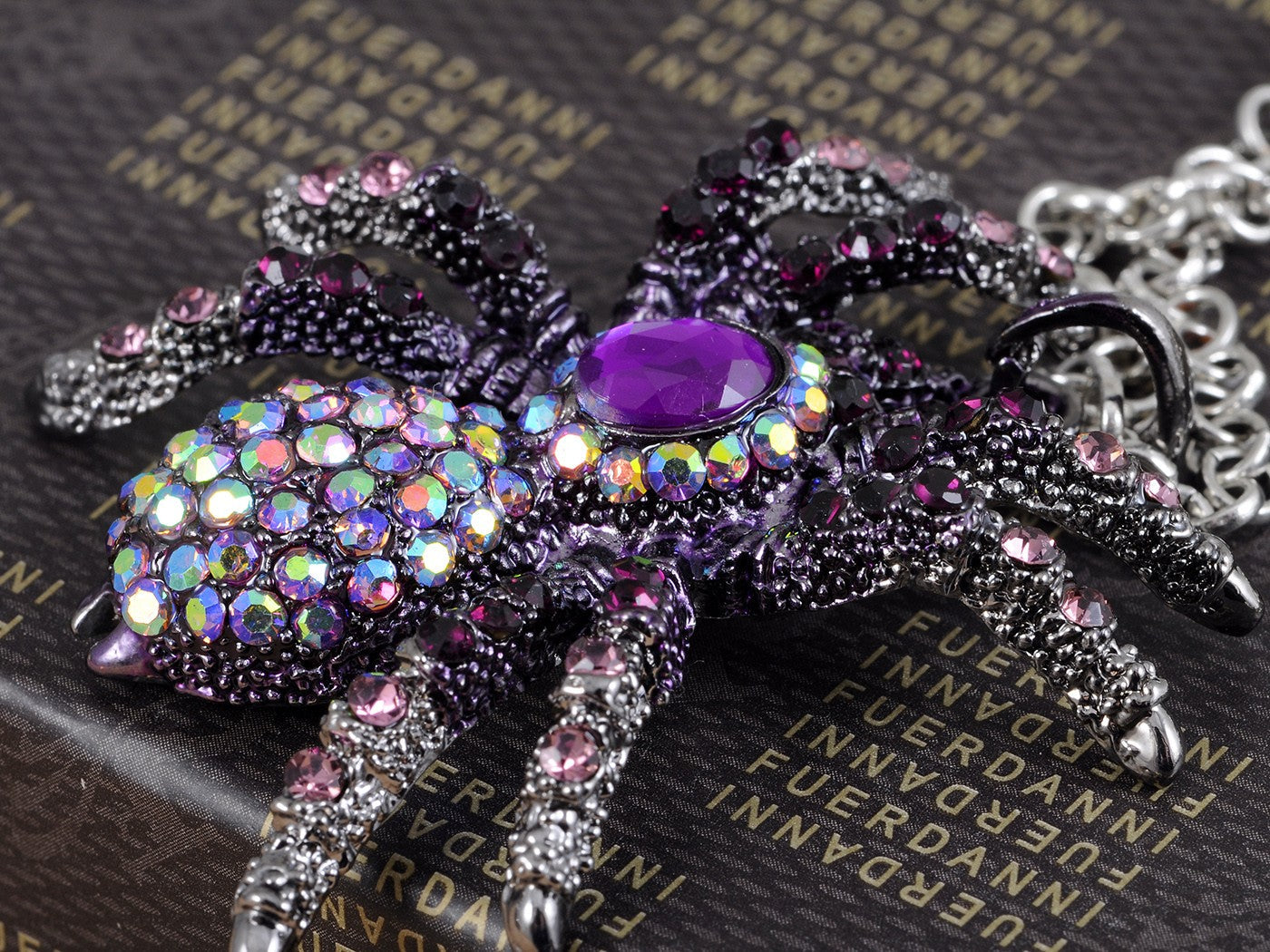 Hematite Czech Spider Pendant Necklace Black Purple Gun
