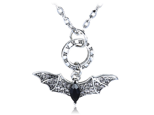 Black Flying Bat Pendant Necklace With Roman Numeral Engravings