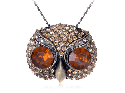 Topaz Orange Encrusted Owl Head Big Pendant Necklace