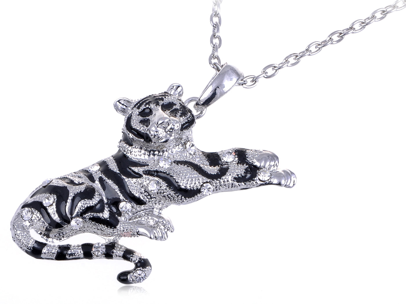 Black Enamel Stripe Tiger Pendant Necklace