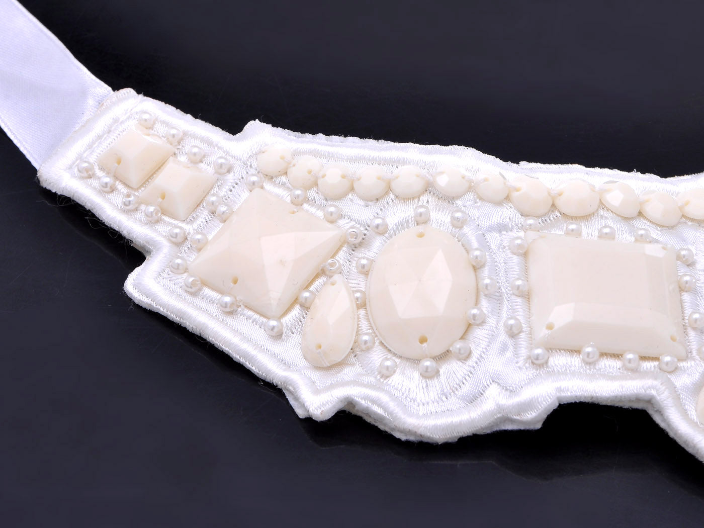 Creamy Cloth Faceted Beaded Bridal Wedding Bib Ribbon Opal Wide White Necklace