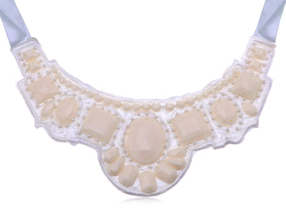 Creamy Cloth Faceted Beaded Bridal Wedding Bib Ribbon Opal Wide White Necklace