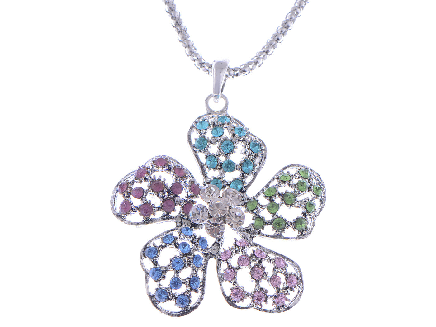 Pastel Color Petals Filigree Petunia Flower Floral Pendant Necklace