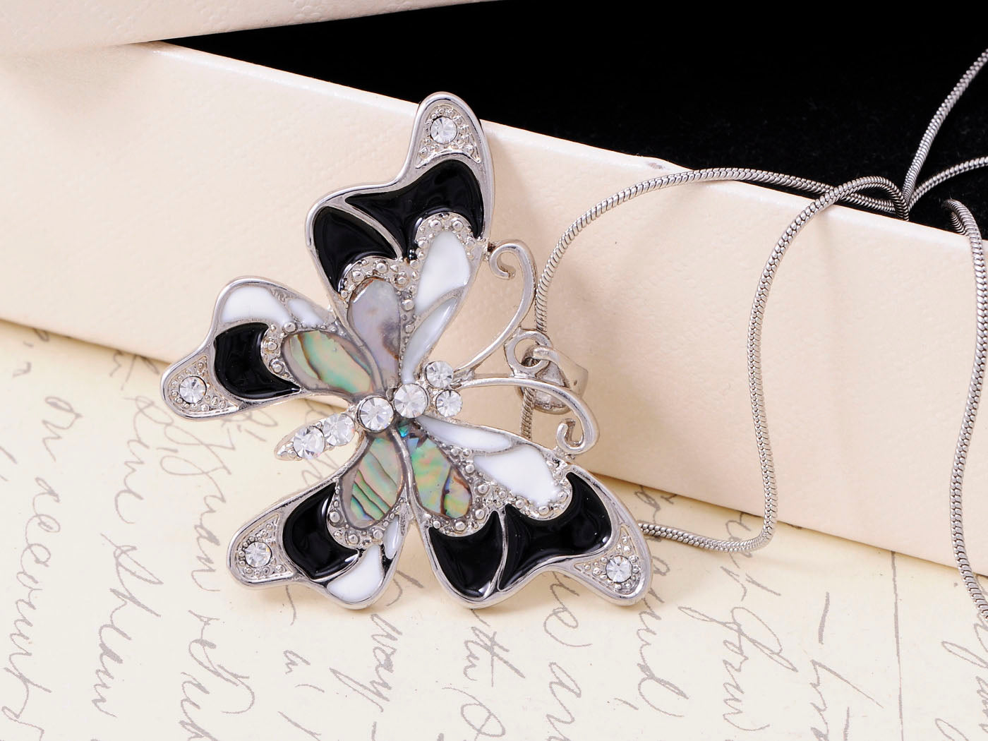 Abalone Colored Black White Butterfly Pendant Necklace