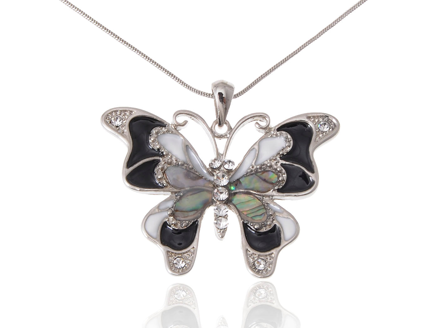 Abalone Colored Black White Butterfly Pendant Necklace