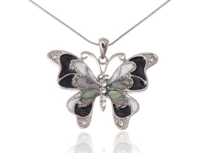 Abalone Colored Black White Butterfly Pendant Necklace