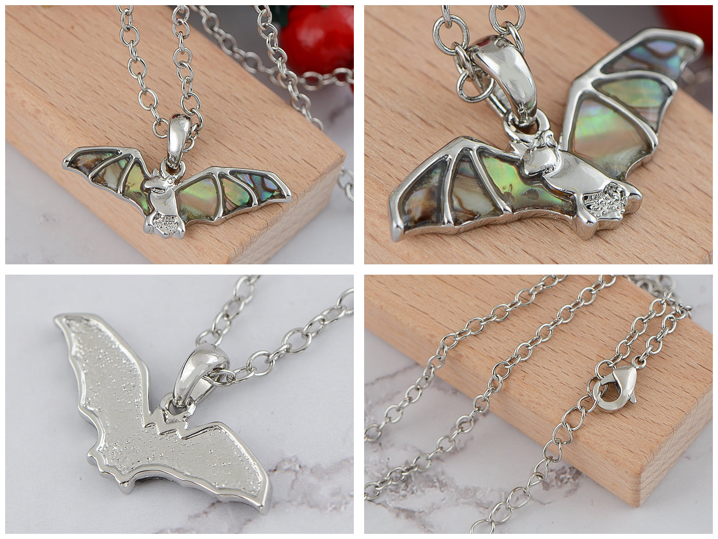 Abalone Shell Fly Wing Bat Halloween Creepy Dark Pendant Necklace