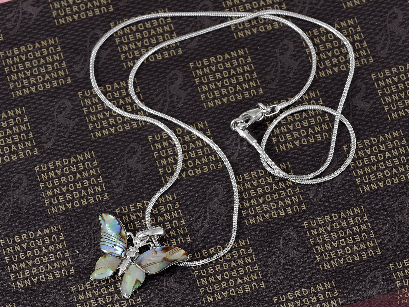 Silver Abalone Colored Butterfly Insect Wings Pendant Necklace