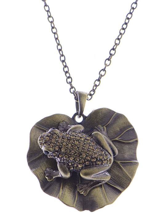 Brass Topaz Lotus Leaf Frog Pendant Necklace