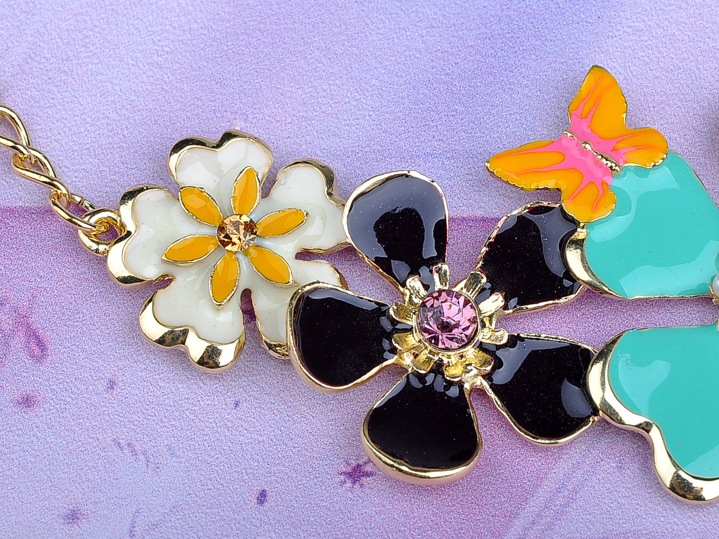 Enamel Flower And Butterfly Bib Statement Necklace Pearl