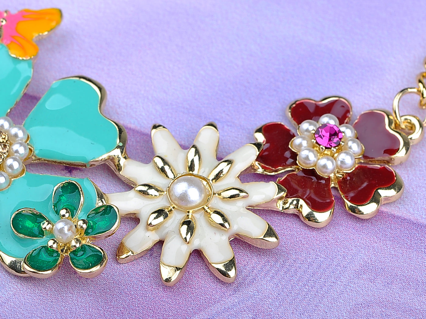 Enamel Flower And Butterfly Bib Statement Necklace Pearl