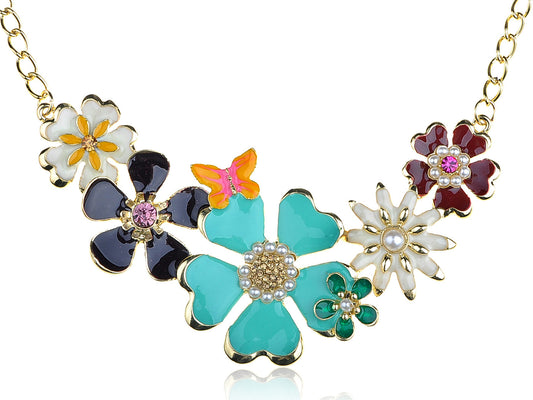 Enamel Flower And Butterfly Bib Statement Necklace Pearl