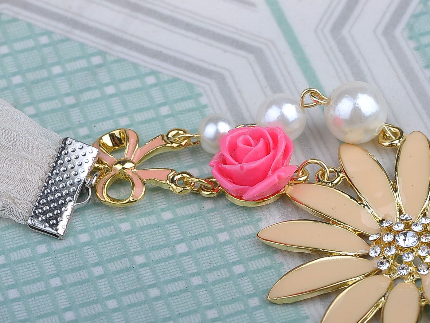 Enamel Flower And Butterfly Bib Statement Necklace Pearl